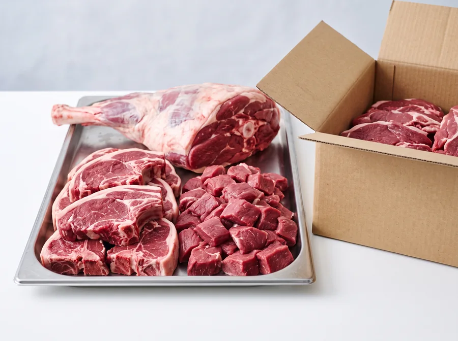 Bulk mutton and lamb — chops, curry cubes and a bone-in leg on trays