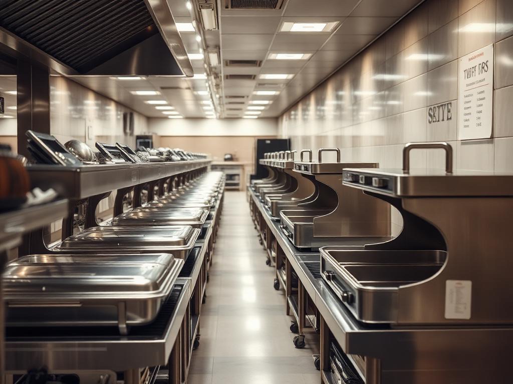 Stainless steel banquet service line in a commercial hotel kitchen