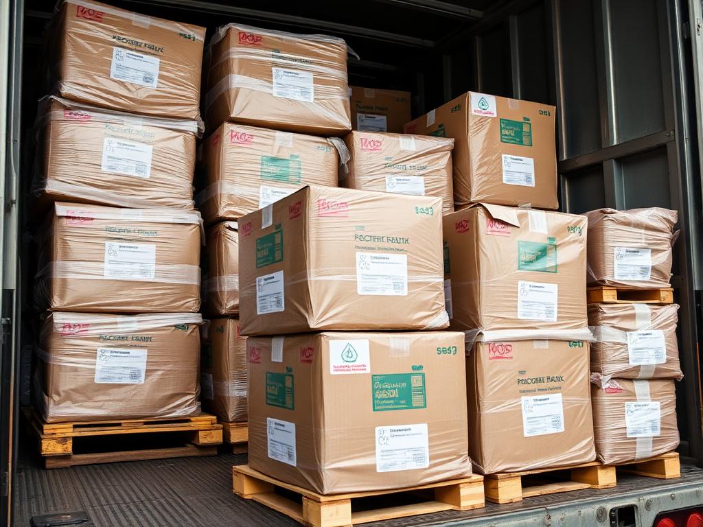Palletised relief aid cartons and food parcels loaded into a truck